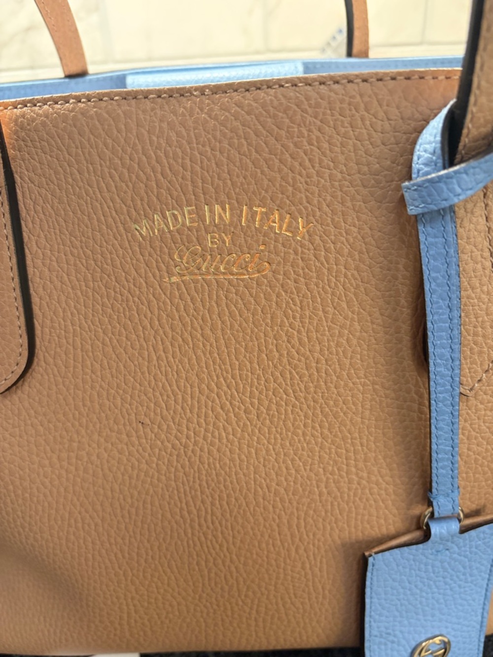 Gucci Brown Leather Tote with Light Blue Trim and Tag - Picture 2 of 6